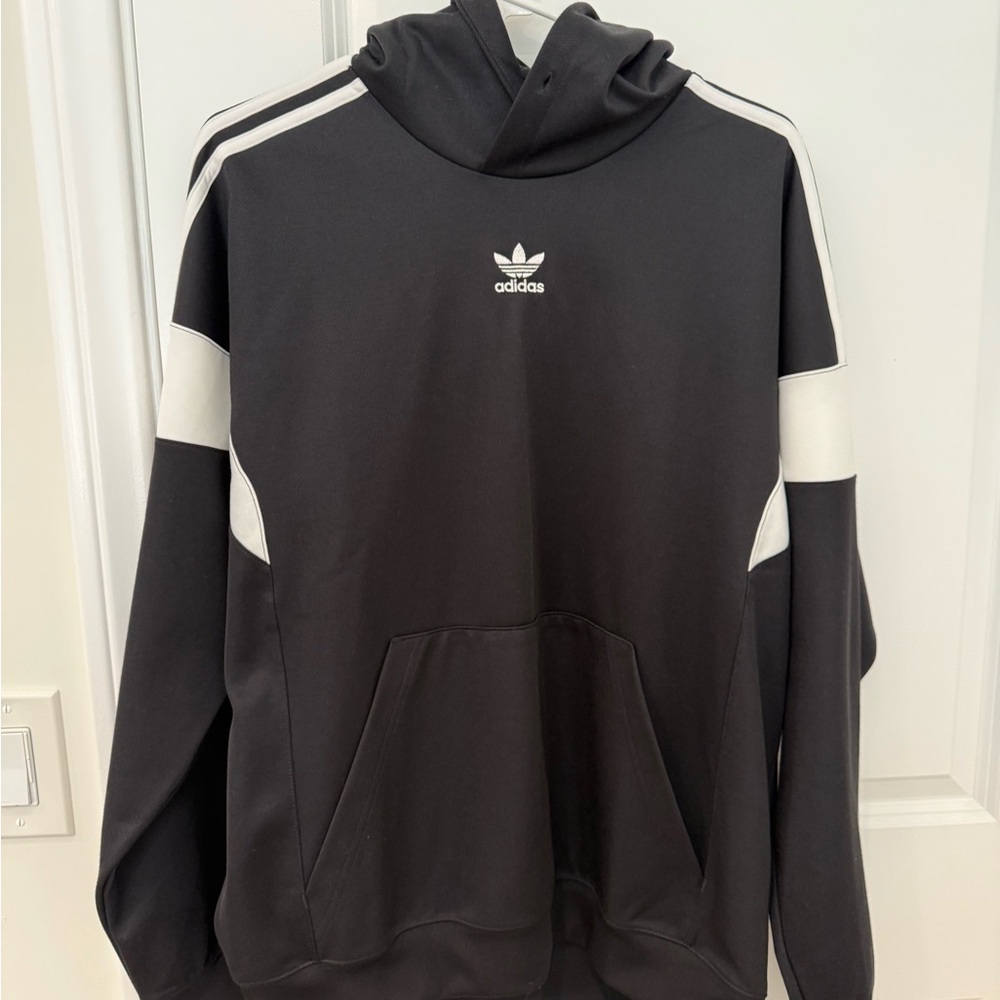 Adidas Men's Black and White Pullover Hoodie